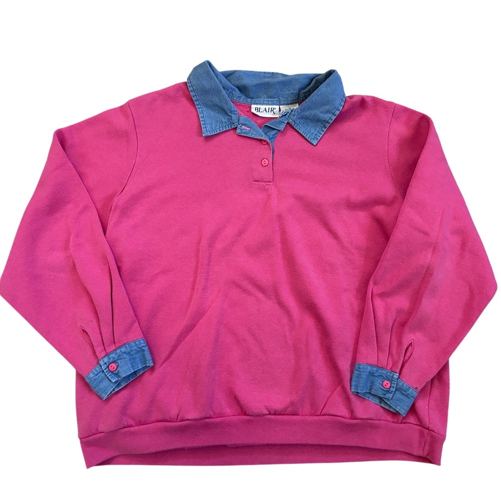 VTG Blair Sweatshirt Women 2XL Pink Cottage Denim Collar Button Cuff Long Sleeve